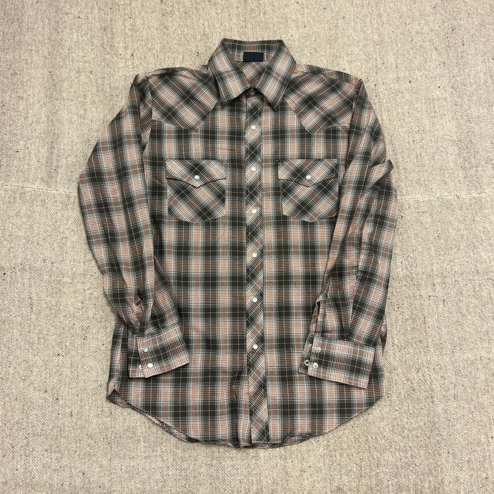 Vintage JC Penny Button Up Shirt Mens Medium Brown 1970s Plaid Pearl Snap